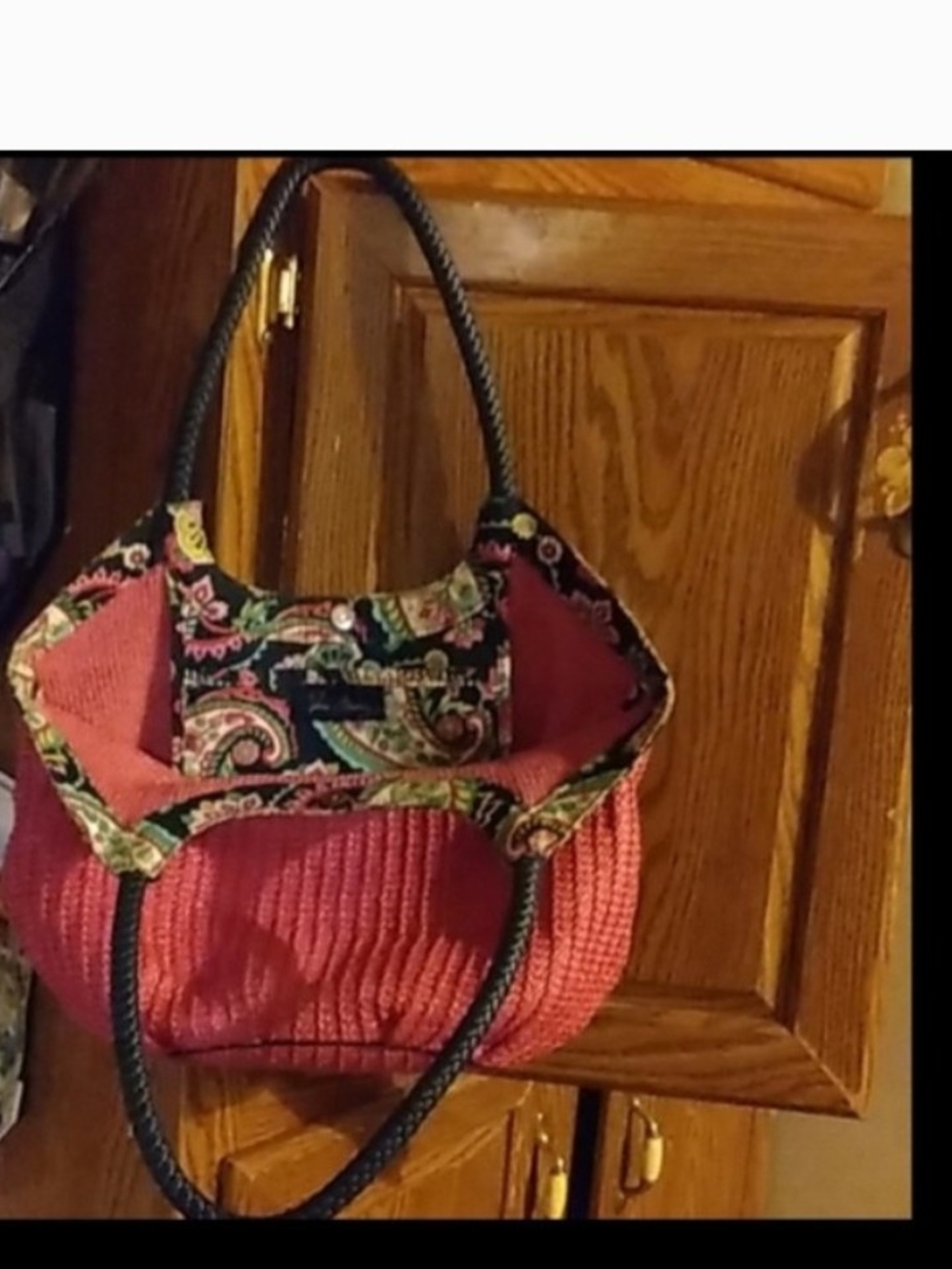 Vera Bradley Large Pink Woven Tote with Navy Handles and Patterned Trim - Picture 3 of 9